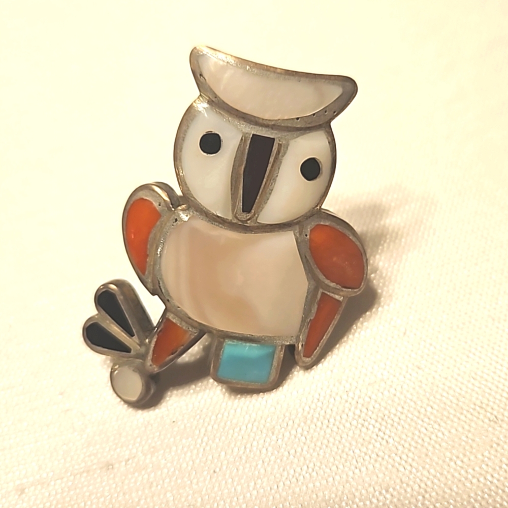 Vintage Native American Zuni Owl Multi Stone Inlay Silver Ring Size 4.5